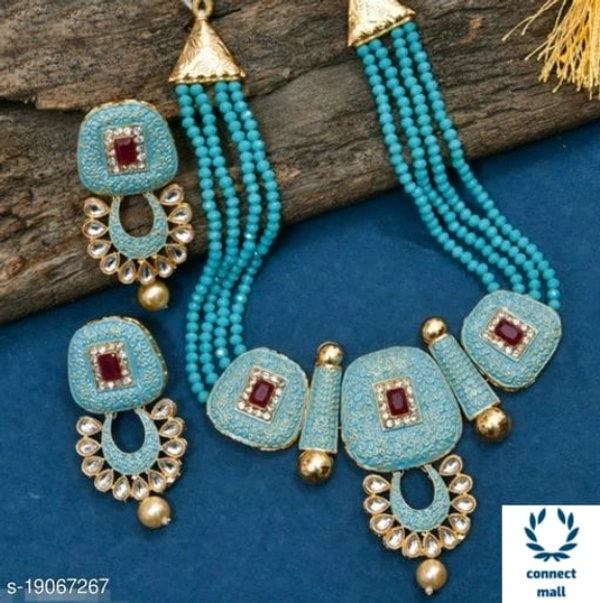 Blue Fancy Women Necklaces Set With Earrings For Marriage , Party - Adjustable, Light Blue, Brass